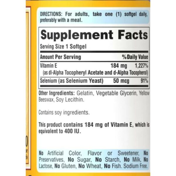 Vitamina E cu Seleniu 400 IU(184mg), 100 capsule | Puritan’s Pride